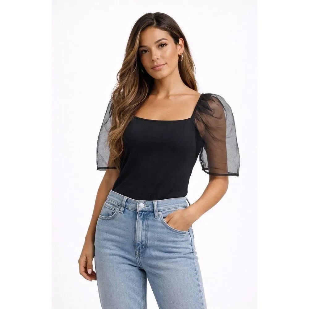 Endless Rose Black Sheer Puff Sleeve Square Neck Dressy Top Women’s Large